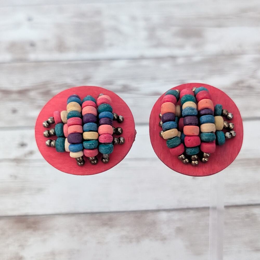 Vintage Clip On Earrings Red with Multi Colored Beads Large Statement 1 & 3/8"